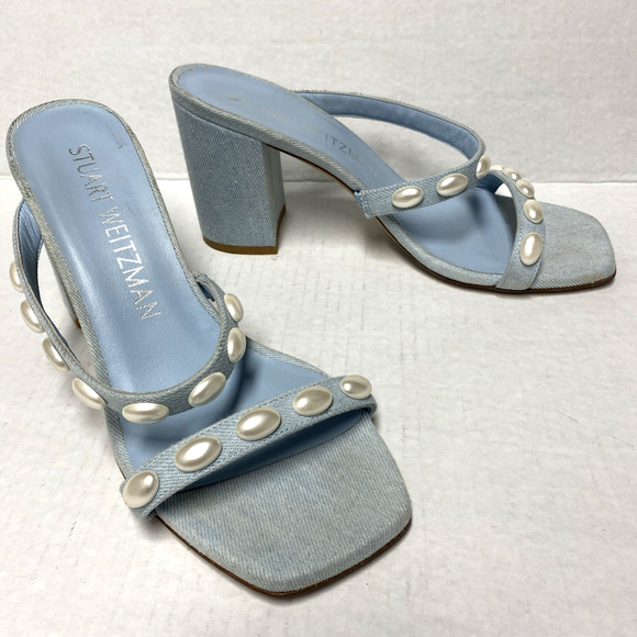 STUART WEITZMAN Pearlita Studded Denim Slide Sandal Light Blue Open Toe 10 - Picture 3 of 8